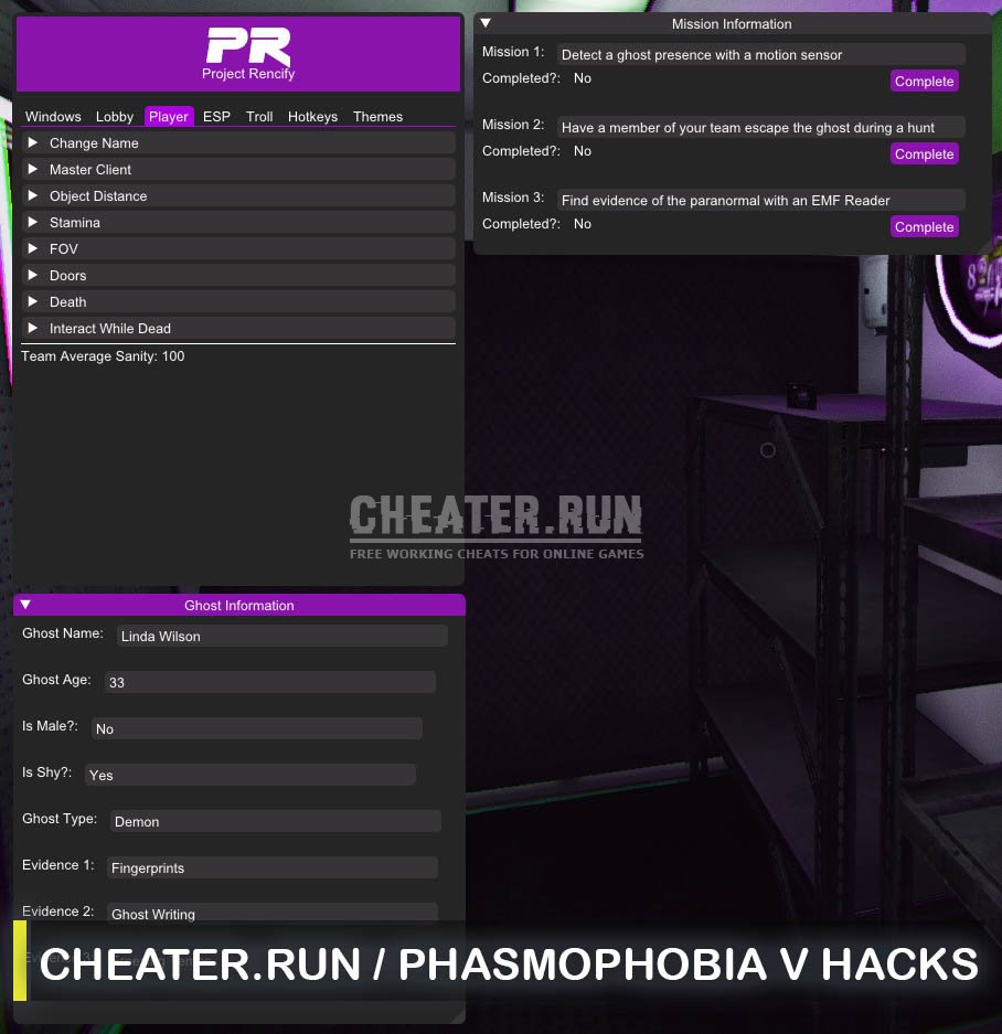 Project Rencify - Phasmophobia Cheat / ESP, Ghost Appear, Infinite Stamina